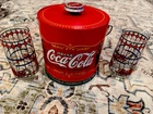 Vintage Coca-Cola Metal Tin Ice Bucket with 2 Tiffany Stained glasses