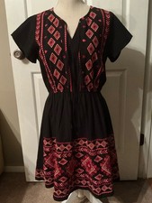 🌸 Savanna Jane Black Pink Embroidered Cotton Elastic Waist Lined Size S Dress🌸