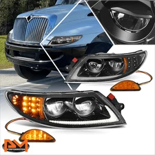For 02-15 International Harvester 4100-8600 Full LED DRL Headlights Black/Amber