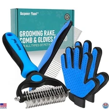 Maxpower Planet Pet Grooming Brush Set - Double Sided Rake, Gloves & Comb, Large