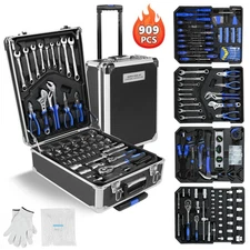 909-Pc Pro Tool Set w/4-Drawer Rolling Case - Complete Home & Auto Kit