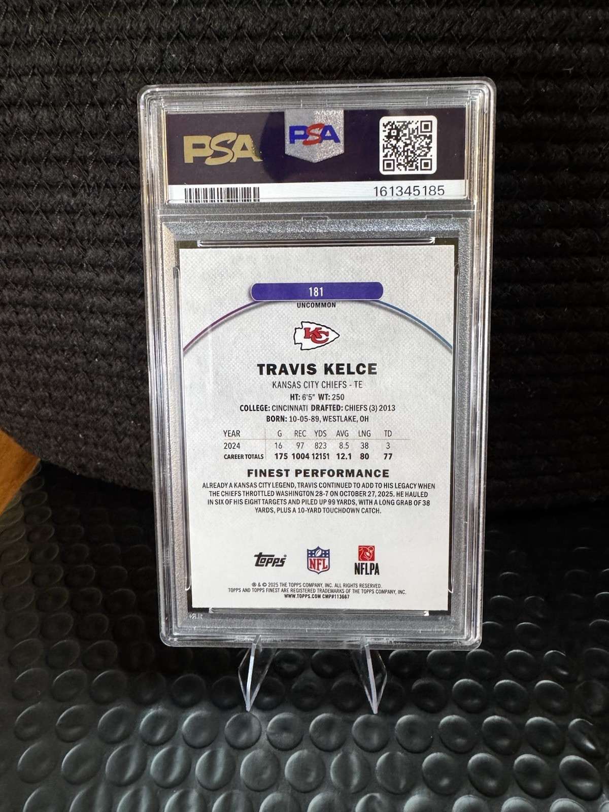 2025 Topps Finest - Travis Kelce - Blue Geometric /75 Chiefs PSA 9 view 3