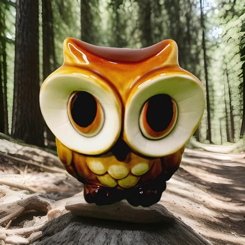Vintage Ceramic Owl Coin Bank  Brown 5" Tall Made In Japan  Big Eyes