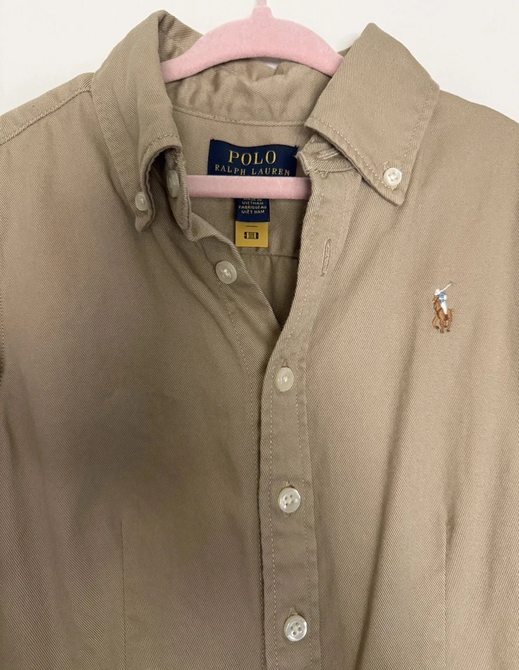 Ralph Lauren Polo Girls Long Sleeve Button-Down Dress, no belt, Khaki, Size 7 - Image 2 of 4