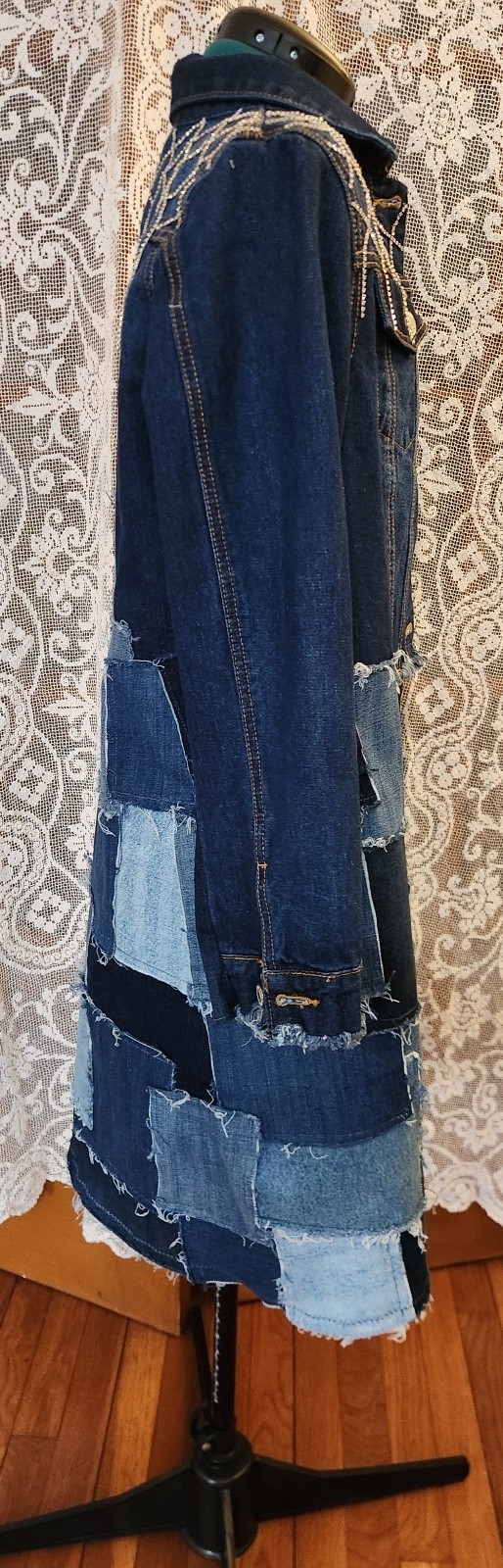 Upcycled Midi Denim Patchwork & Rhinestone Coat J… - image 6