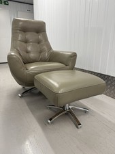 Furniture Village ‘Galaxy’ Leather Taupe Green Swivel Armchair / Chair + Stool