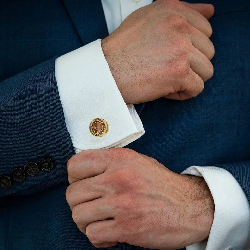 Gemelos redondos de cristal marrón dorado para hombre dama en estuche de regalo circón piedras preciosas M Foto 2 de 4