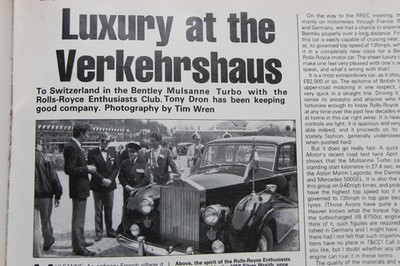 CC 1983 extracted mag article: BENTLEY MULSANNE TURBO, story of to Switzerland