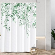 72x72 Inch Mint Green Eucalyptus Watercolor Leaves Shower Curtain Hooks Set