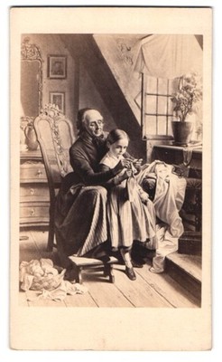 Fotografie Gustav Schauer, Berlin, Gemälde: Die Strickstunde nach Meyerheim, Gr 