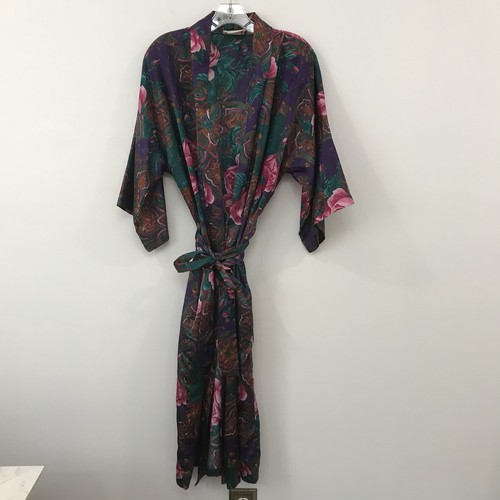 Vtg California Dynasty Silky Pretty Purple Floral Robe Satin Silky Made USA Sz M - Picture 4 of 4