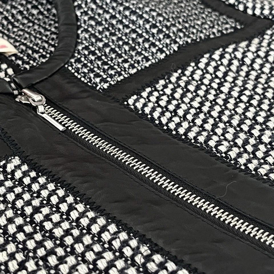 Rebecca Taylor Cotton-Wool B&W Tweed Lamb Leather Trim Zip Jacket Blazer 10 - Image 4 of 4