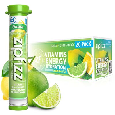 Zipfizz Limon Flavored Energy Drink Powder Pack of 20 Sugar Free Electrolytes