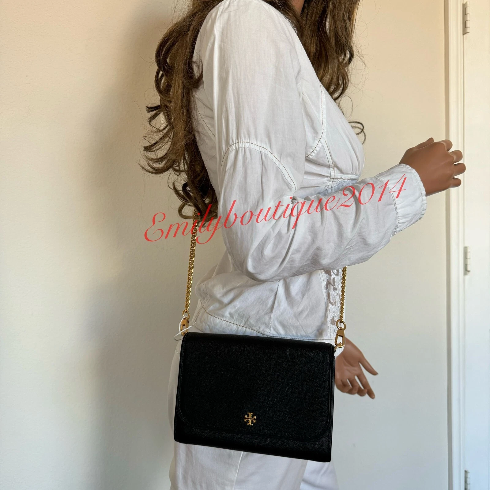 Portafoglio nuovo con etichette Tory Burch 136093 Emerson catena pelle saffiano borsa nera messenger