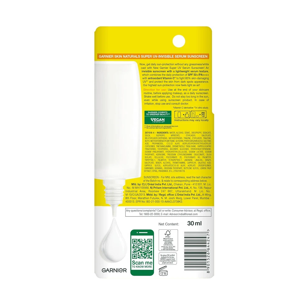 Garnier Super UV Suero Invisible Protector Solar FPS 50 PA Vitamina C Ligera 30 ml Foto 4 de 4