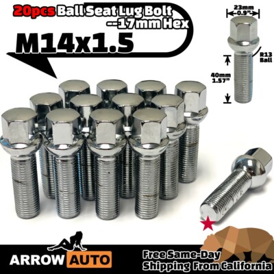 20x Chrome 14x1.5 Lug Bolt 40mm Fit A3/A4/Q5/Q7&Audi StockRim With 10-15mmSpacer