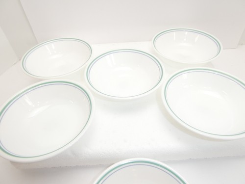 6 Corelle Country Cottage Berry Bowls Stripe Green Blue Rims Dessert 5-1/2 - Picture 4 of 6