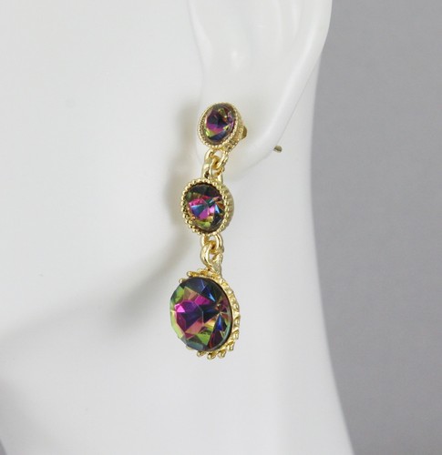 Gold iridescent chandelier earrings small beads dangle post pendant 1.25" long - Picture 5 of 10