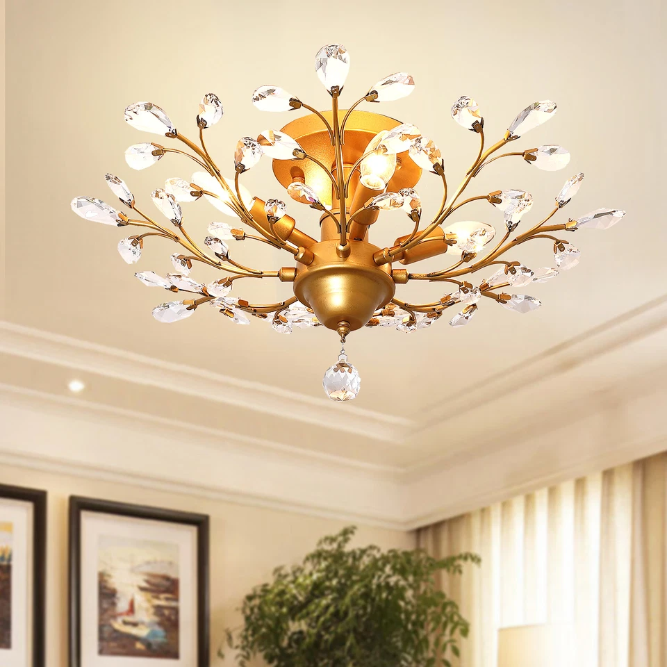 Gold K9 Chandeliers Crystal Ceiling Light Vintage 4-Lights Pendant Lamp Bedroom - Image 2 of 4