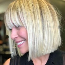 Women Bob Ash Blonde Wigs Short Straight Wig With Bangs Dark Roots Natural Wigs