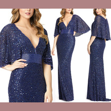 NWT $698 Mac Duggal [ 14 ] Sequined V Neck Cape Sleeve Beaded Gown Blue #G1762