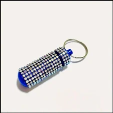 BLUE Pill Bottle AB Crystal Encrusted Keychain Bling Container Portable Box Ring