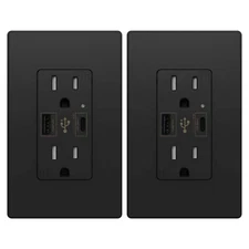 USB C Charger Wall Outlet 4.8A High Speed Duplex Receptacle 15 Amp Black 2 Pack 