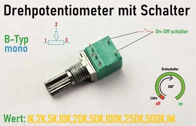 RK097NS Poti Dreh Potentiometer 1K 2K 5K 10K 20K 50K 100K 500K 1M Ohm Mono mit Schalter