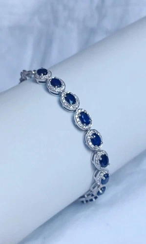 Blue Sapphire Oval Zircon Halo Bracelet 925 Sterling Silver Handmade Jewelry
