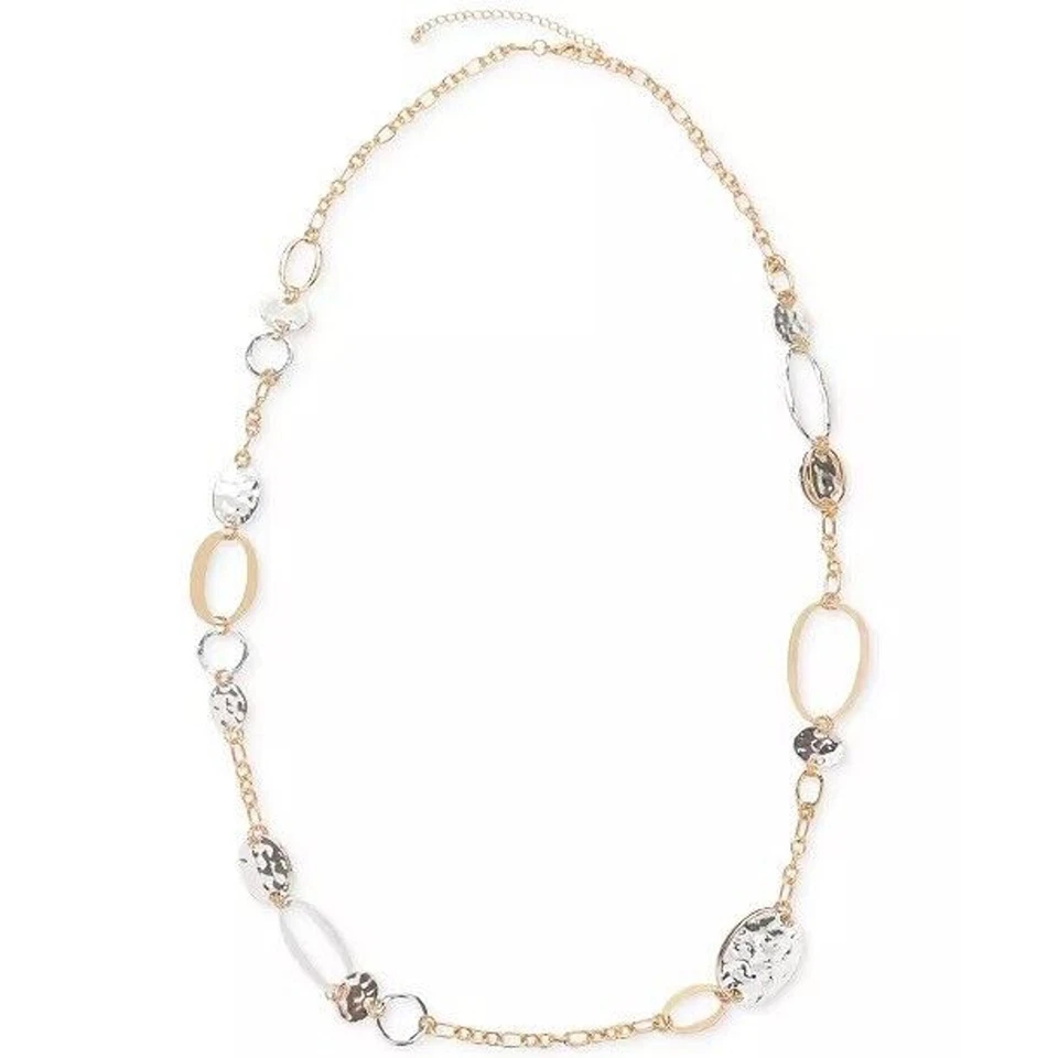 Collar Disco Martillado Tono Oro y Plata | Cadena Figaro Chic Brillante 43" Largo Nuevo con Etiquetas Foto 2 de 4