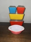Pyrex Red Yellow Blue 501 502 Refrigerator Glass Dishes With Lids Vintage