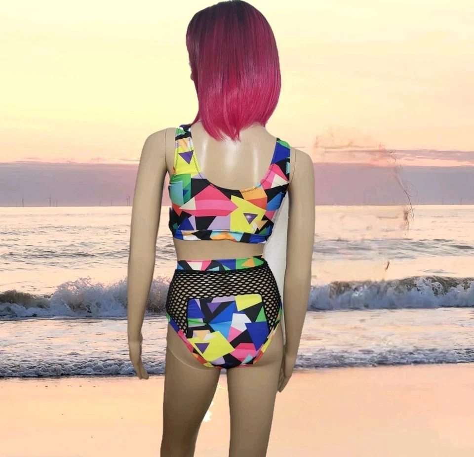 buntes High Waist Bikini Set mit Netzoptik L XL 42 44 hohe taille hose damen neu - Bild 4 von 4