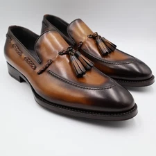 Di Bianco SBP867 Mens Brown Leather Loafers Slip Ons Tasseled Shoes Size 9.5