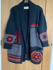 Forever Amano Hand Knitted 100% High Quality Wool Wrap Cardigan Crochet Pockets