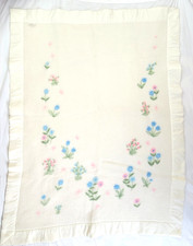 Vtg JC Penney Toddletime Satin Trim Baby Blanket Floral Nursery 36x47 Pink Blue