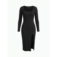 SHEIN Black Ribbed Long Sleeve Scoop Neck Side Slit Midi Bodycon Dress Small