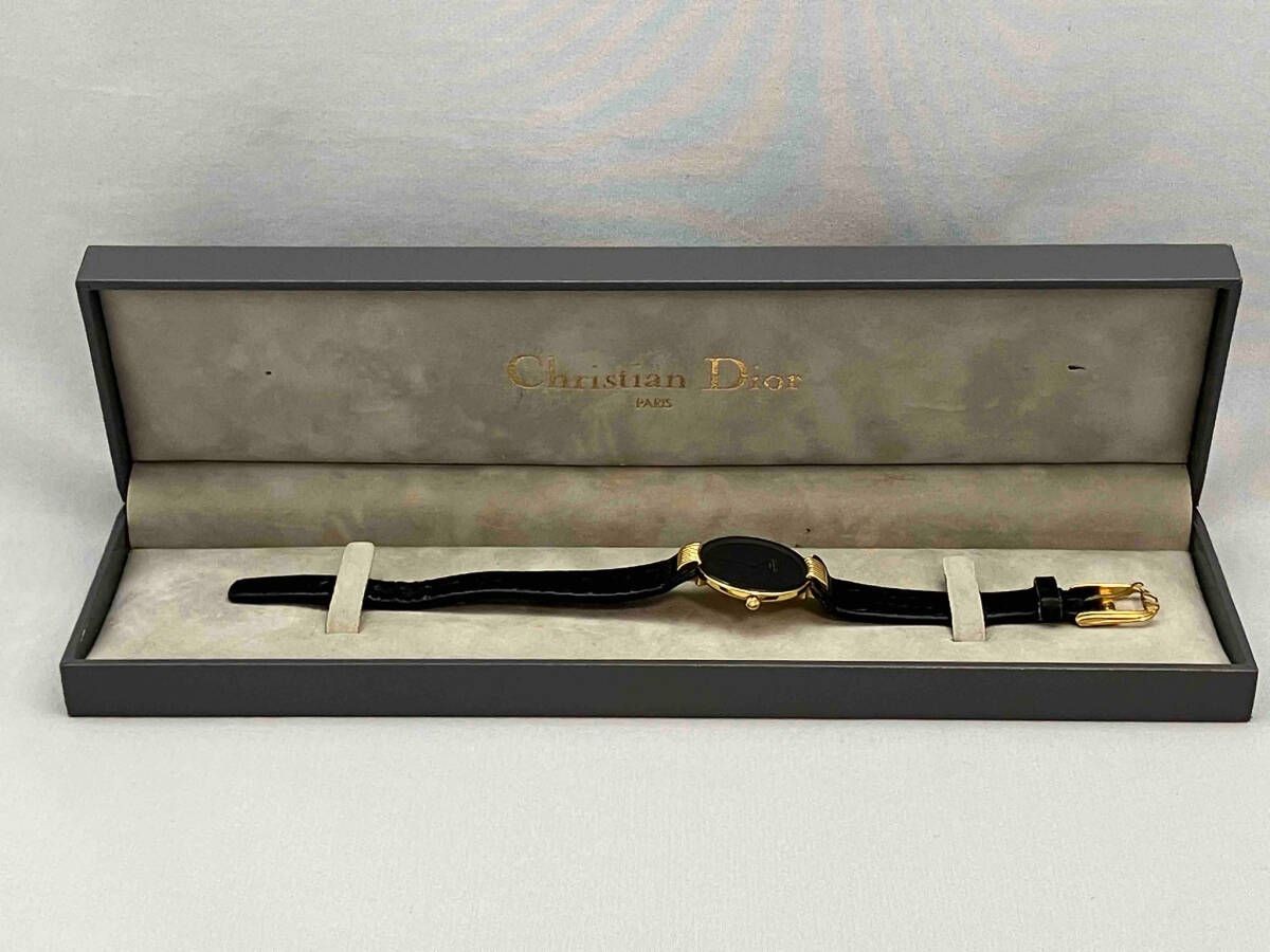 Christian Dior 46.153 Quartz Watch Gold Plated Black Leather Strap Women Vintage