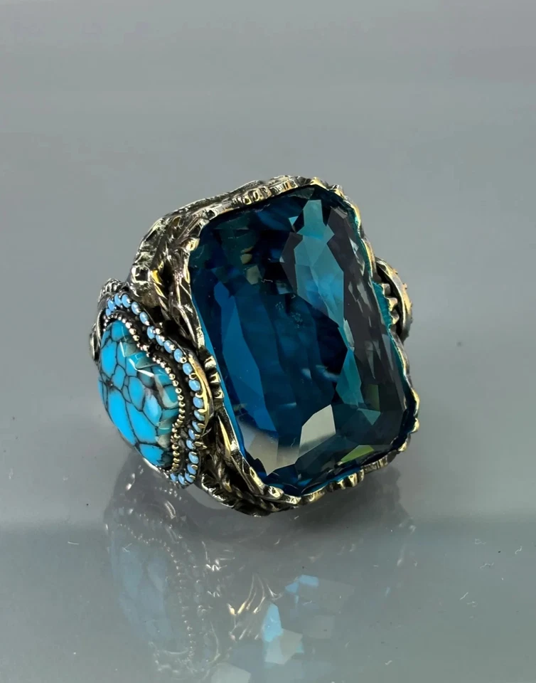 Aquamarine 925 Sterling Silver Men’s Ring, Turkish Blue Gemstone Ring - Image 2 of 4
