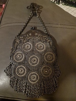 Antique Fancy Steel Micro Beaded  Chatelaine  Bag Purse Art Nouveau