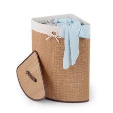 Goplus Corner Bamboo Hamper Laundry Basket Washing Cloth Bin Storage Bag Bamboo