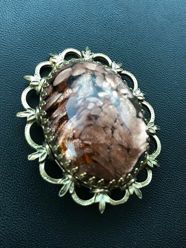 Vintage Large Copper Confetti Fused Art Glass Domed Oval in Goldtone Frame Pin - Picture 3 of 11