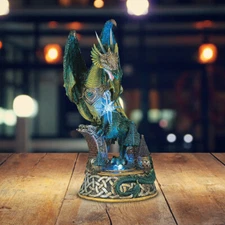 9"H LED Green Dragon Standing on Village Statue Fantasy Figurine Room Decor