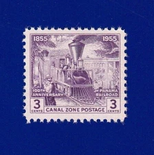 VTG TRAIN STAMP 1955 PANAMA RAILROAD CANAL ZONE 100TH ANNV VIOLET 3c SINGLE MNH