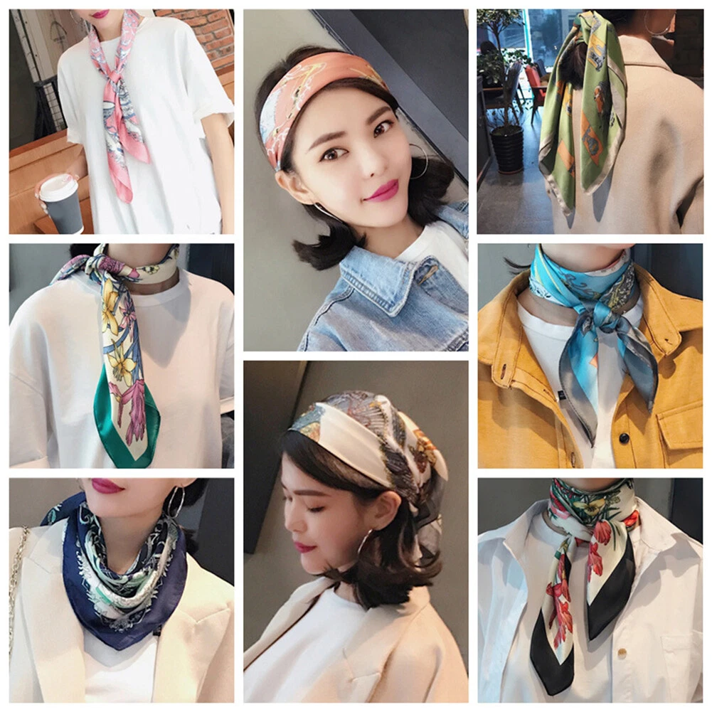 Women Silk Square Scarf Solid Satin Neck Hair Tie Band Beach Hijab Head Foulard