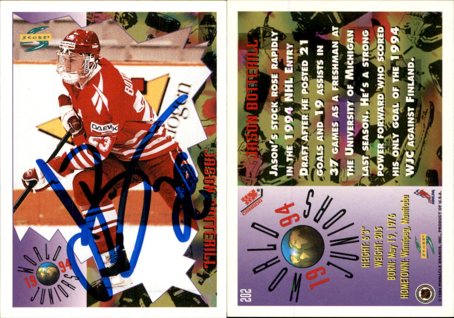 Jason Botterill Signed 1994-95 Score #202 Card Canada Auto AU