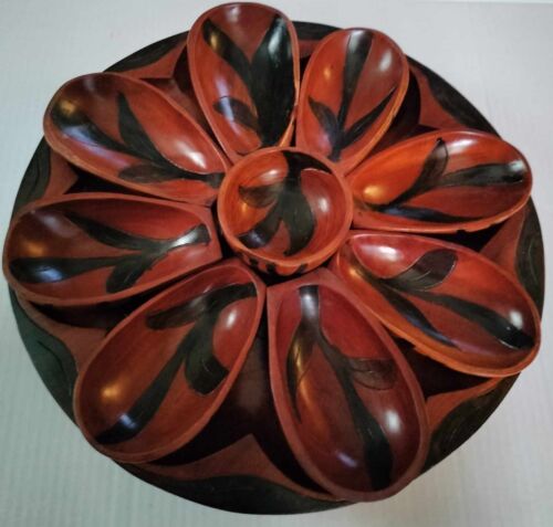 MCM Wood Lazy Susan Server & 9 Bowls /Hand Carved /Monkey Pod Wood? - Picture 2 of 9