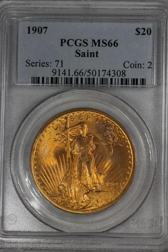 1907 20.00 PCGS MS66 SAINT , TWENTY DOLLAR GOLD PIECE, SAINT GAUDENS