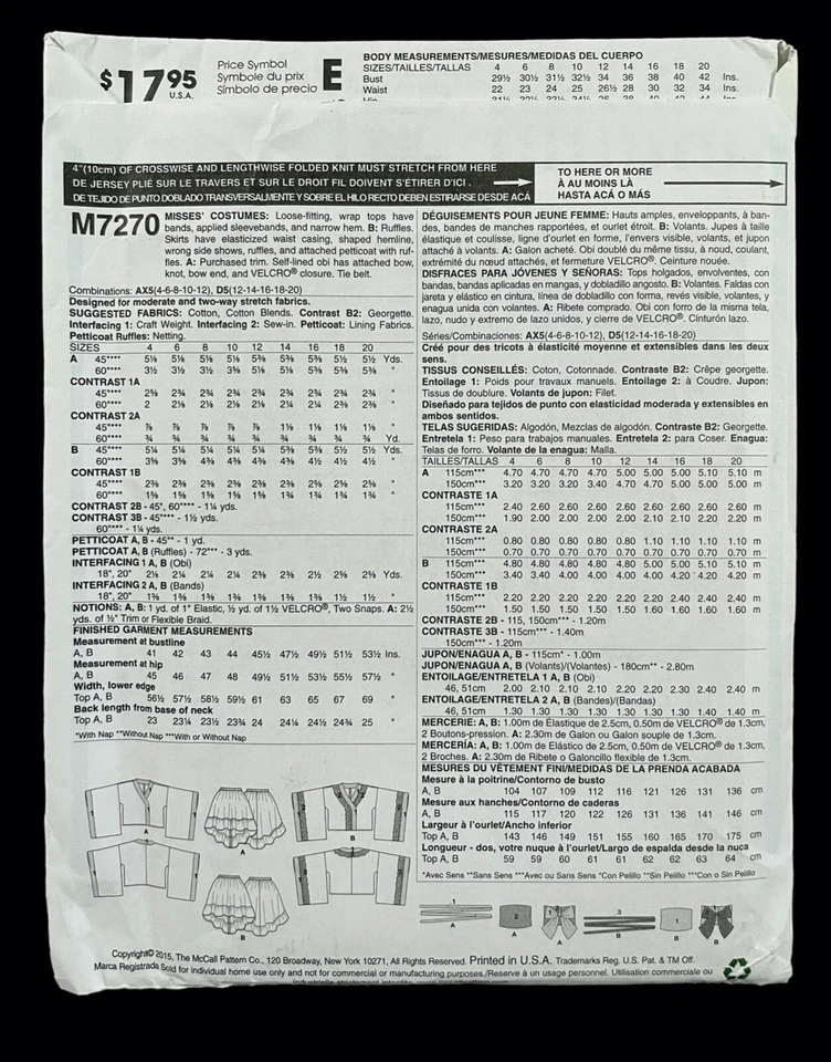 McCall's M7270 Geisha Obi Anime Skirt Kimono Costumes Cosplay Sz 4-12 AX5 UNCUT - Image 2 of 2