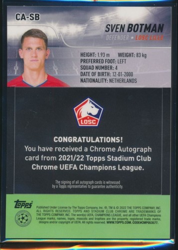 2022 Topps Stadium Club Chrome UEFA Champions League Sven Botman RC Auto LOSC - Picture 2 of 2