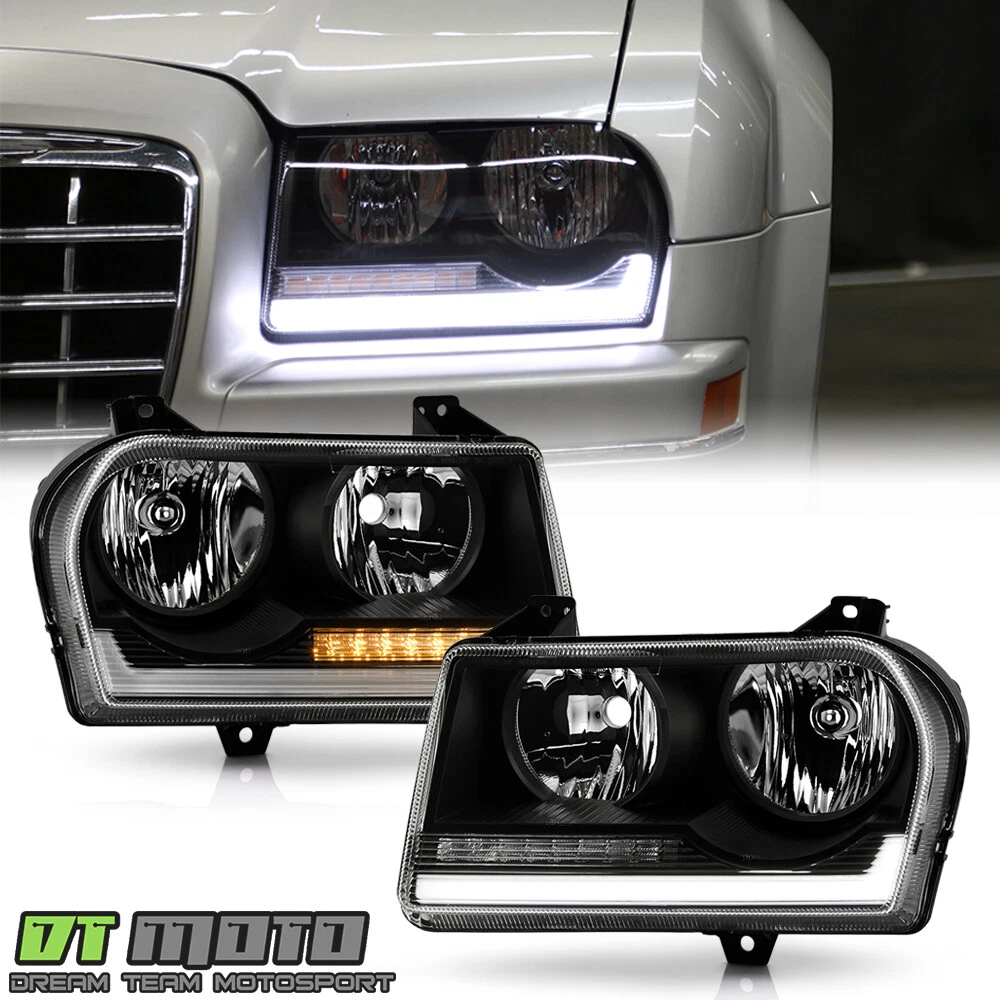 For 2005 2010 Chrysler 300 Black Halogen LED Tube w Signal Headlights Headlamps